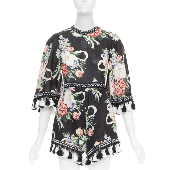 ALICE MCCALL Magic Moment black 100% linen floral fringed trim playsuit UK6 XS