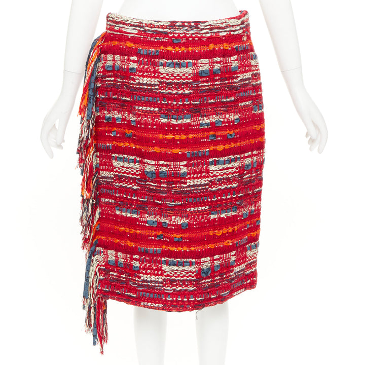 CHANEL 2013 Paris Dallas red multicolor cotton tweed fringe wrap skirt FR40 L