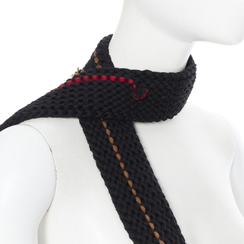 PRADA 2017 Hand Made black crochet knit pom trim skinny long scarf