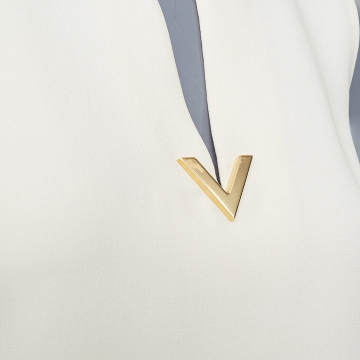VALENTINO 2023 ivory wool silk crepe VGOLD logo metal plate neck dress IT38 XS