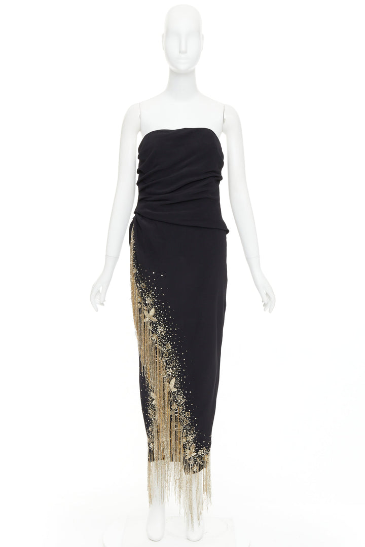 OSCAR DE LA RENTA 2019 Runway black gold sequin fringe strapless dress US8 L