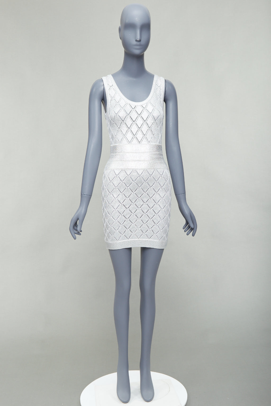 BALMAIN metallic silver coated cream argyle knit mini dress FR34 XS
