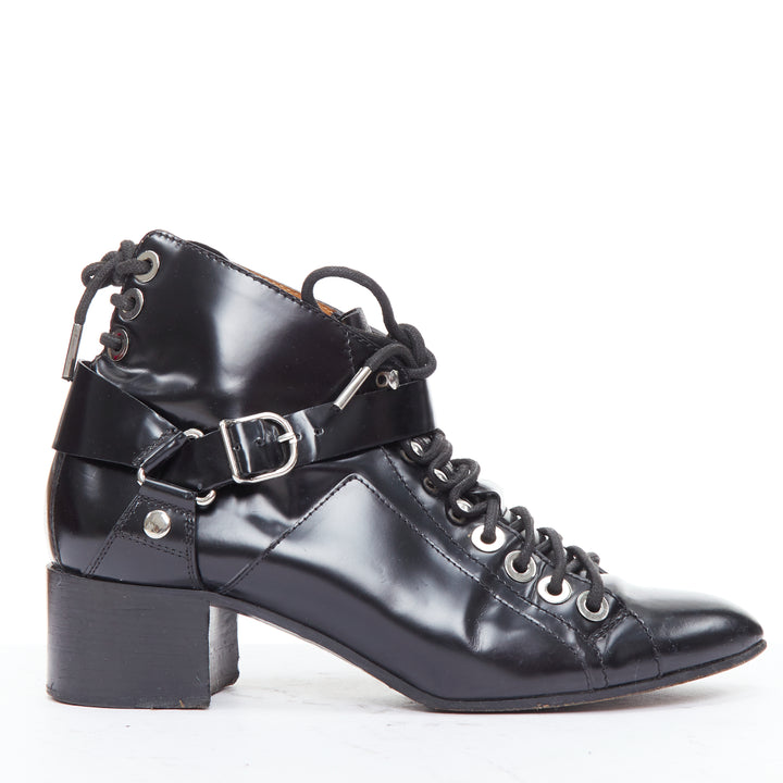 BALENCIAGA black leather silver buckles laced harness booties EU38.5