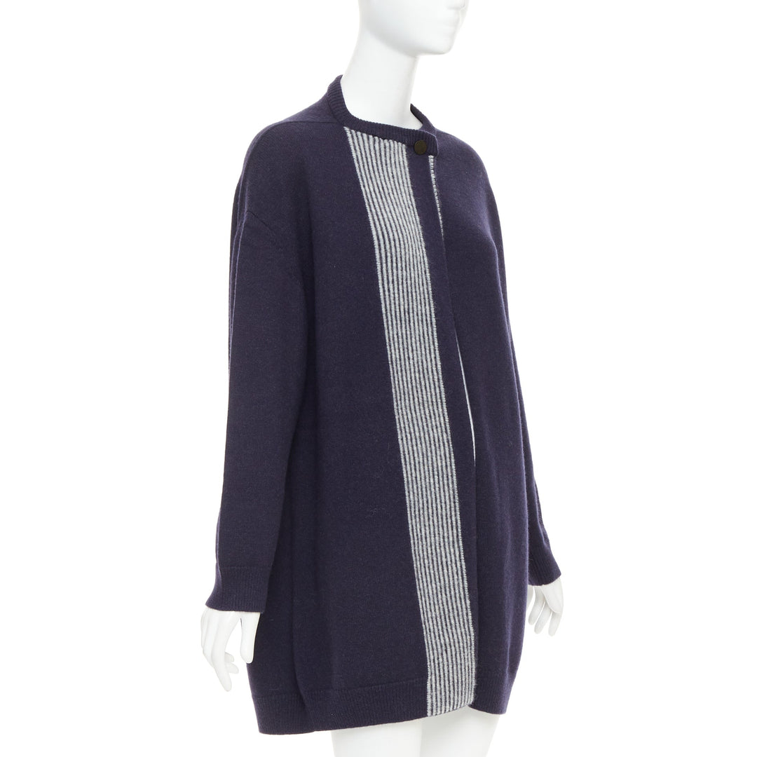 HERMES navy virgin wool white striped oversized knitted cardigan sweater FR34 XS