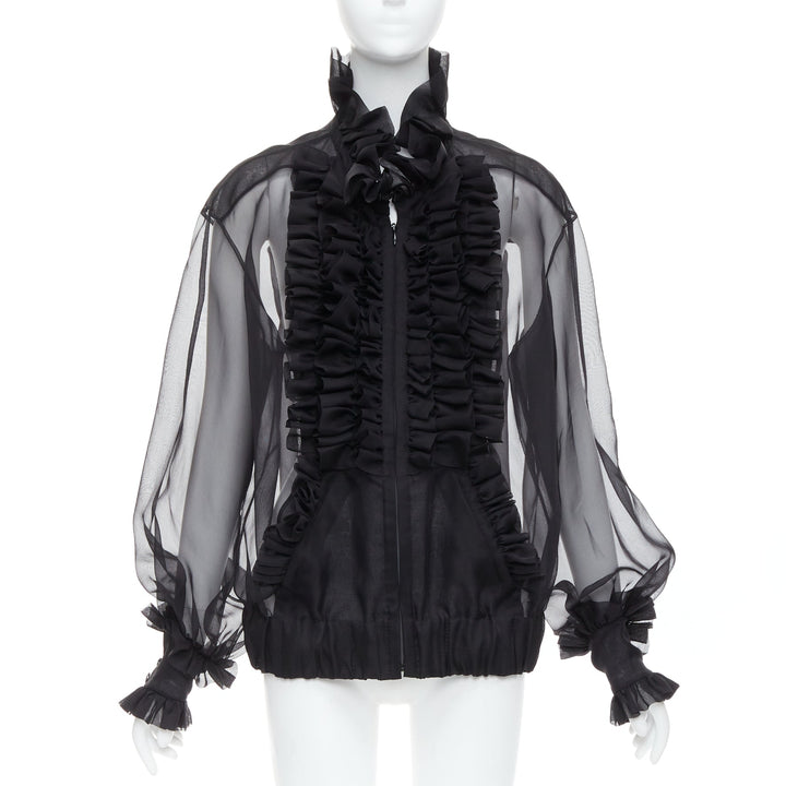 rare CHANEL black sheer silk Victorian ruffle collar zip up bomber jacket