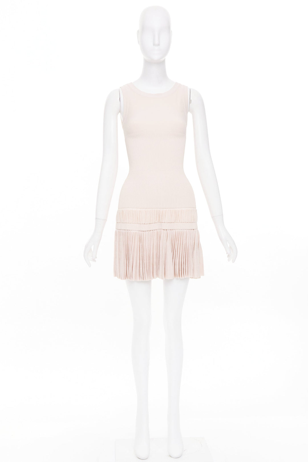 ALAIA pale blush pink open work drop waist plisse fringe knit mini dress FR36 S