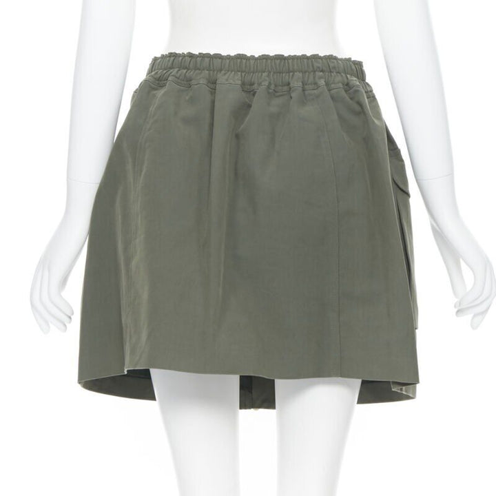 KENZO military khaki green cotton dual pockets belted elasticated skirt Fr38