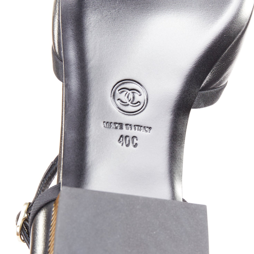 CHANEL 20C black leather grosgrain cap toe gold CC heel mary jane flats EU40