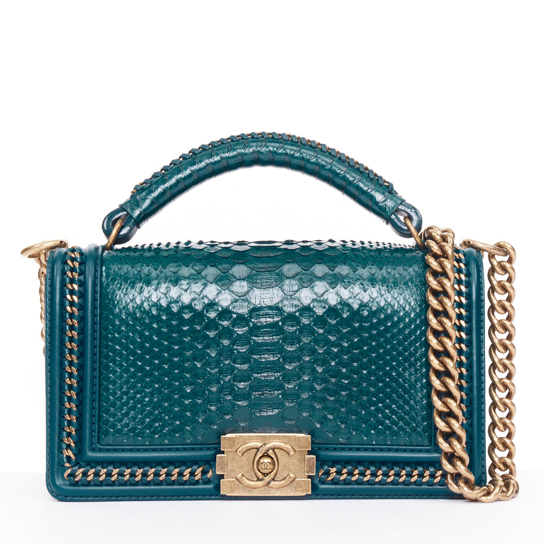 CHANEL Le Boy 25 petrol blue exotic python leather antique gold crossbody bag