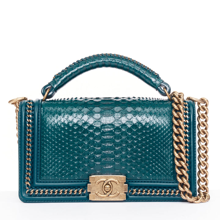 CHANEL Le Boy 25 petrol blue exotic python leather antique gold crossbody bag