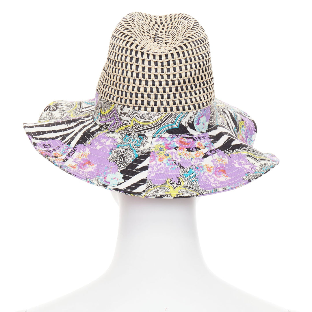 ETRO purple cotton blend paisley print beige raffia jute floppy hat S
