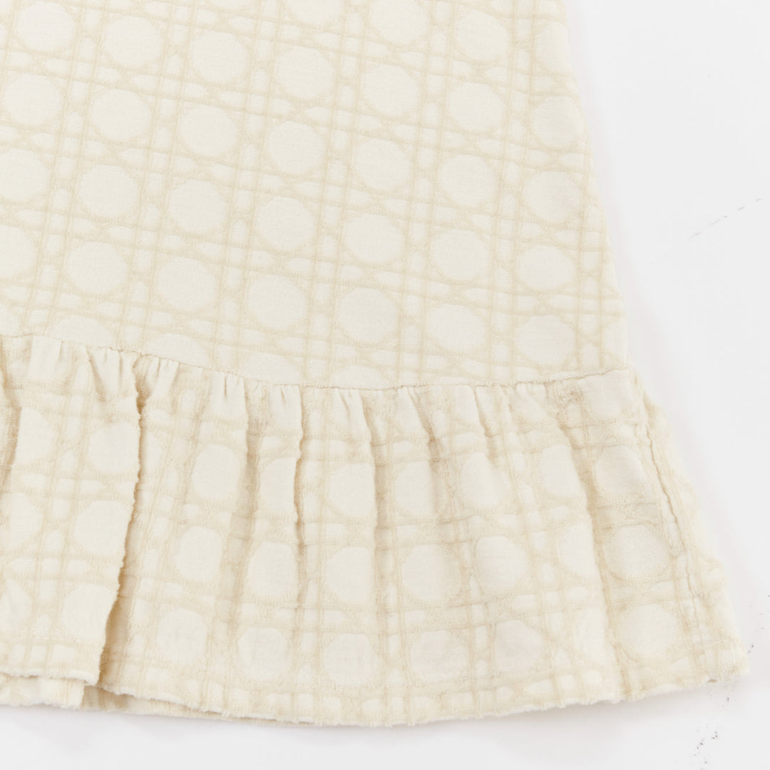 BABY DIOR ivory 100% cotton velvet flock Cannage ruffle hem A-line dress 6Y