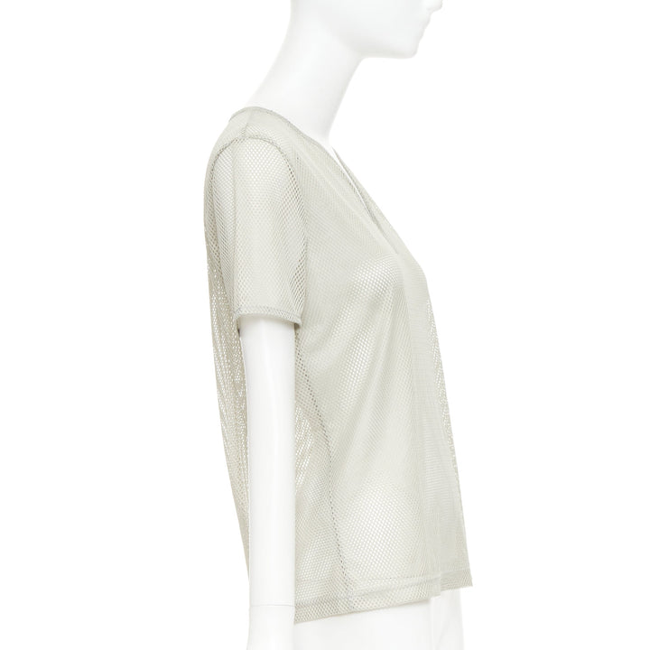 CHANEL SPORTS 03P Vintage grey sheer mesh silver CC logo split neck top FR40 L
