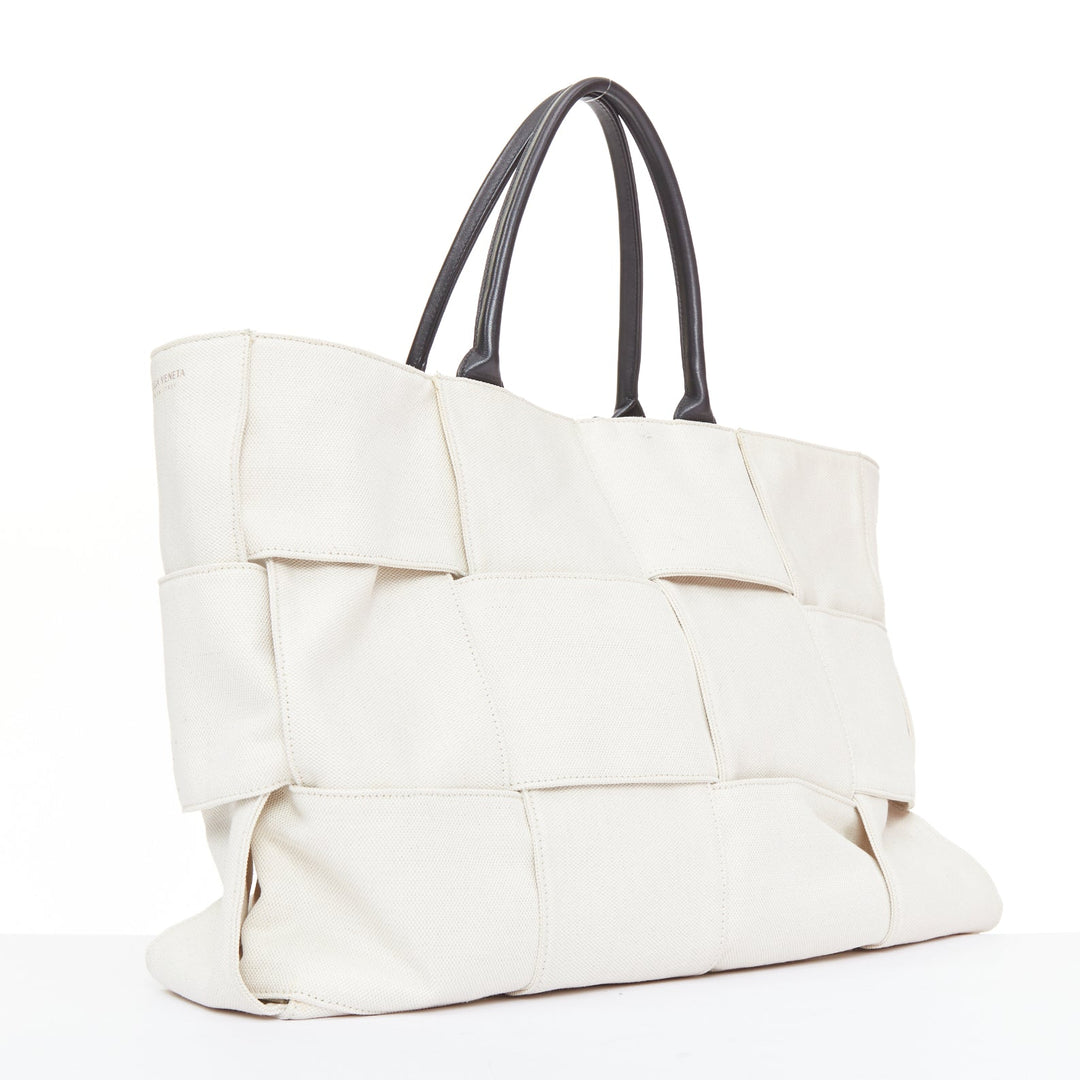 BOTTEGA VENETA Large Arco Intrecciato weave off white canvas black leather tote