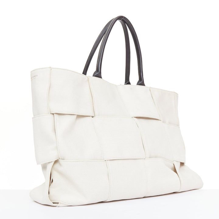 BOTTEGA VENETA Large Arco Intrecciato weave off white canvas black leather tote