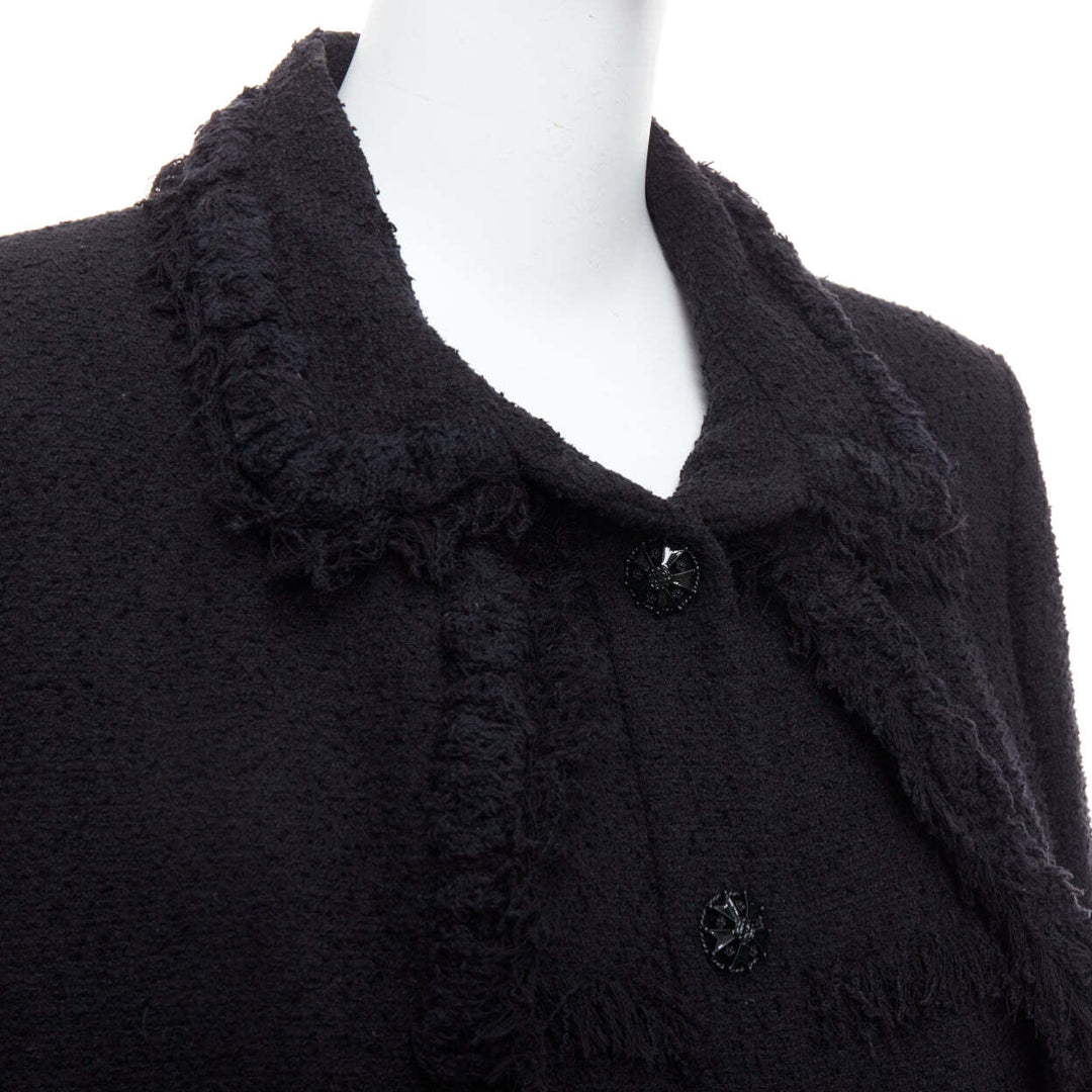 CHANEL 08A Runway black tweed braided fringe tromp loeil 4 pocket jacket FR46