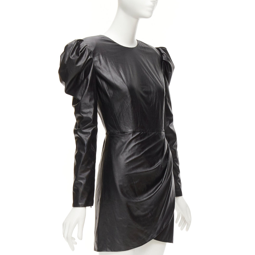BRONX & BANCO black coated fabric puff shoulder drape skirt mini dress XS