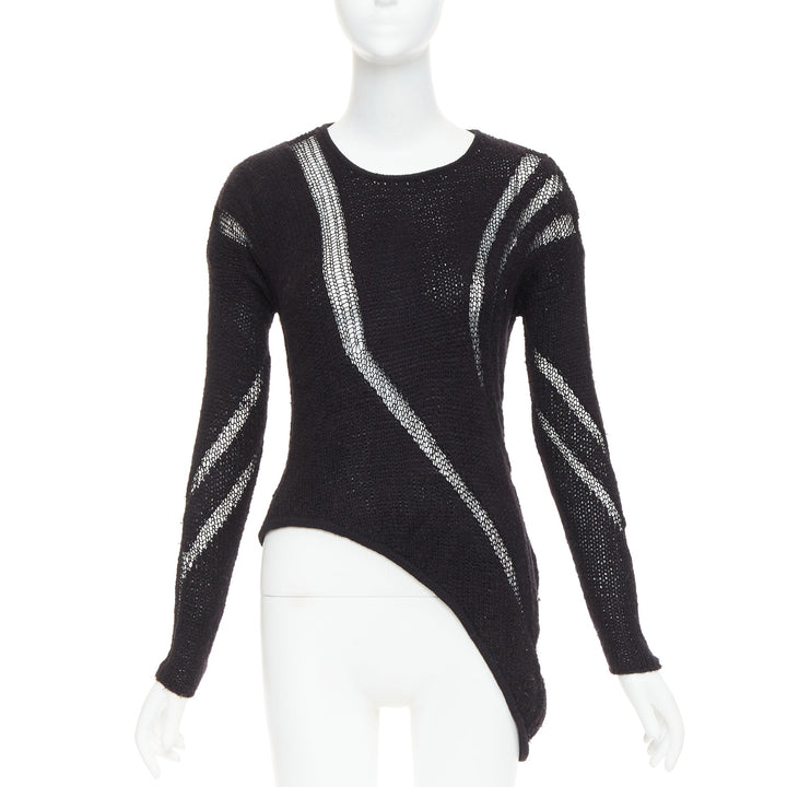 HELMUT LANG black graphic sheer lattice knit asymmetric hem knitted sweater P XS