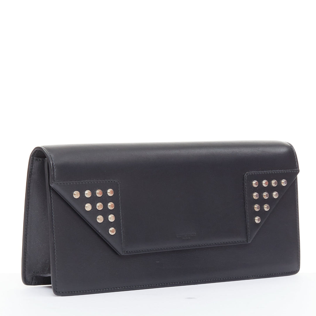 SAINT LAURENT Betty black smooth leather silver studded envelope clutch bag