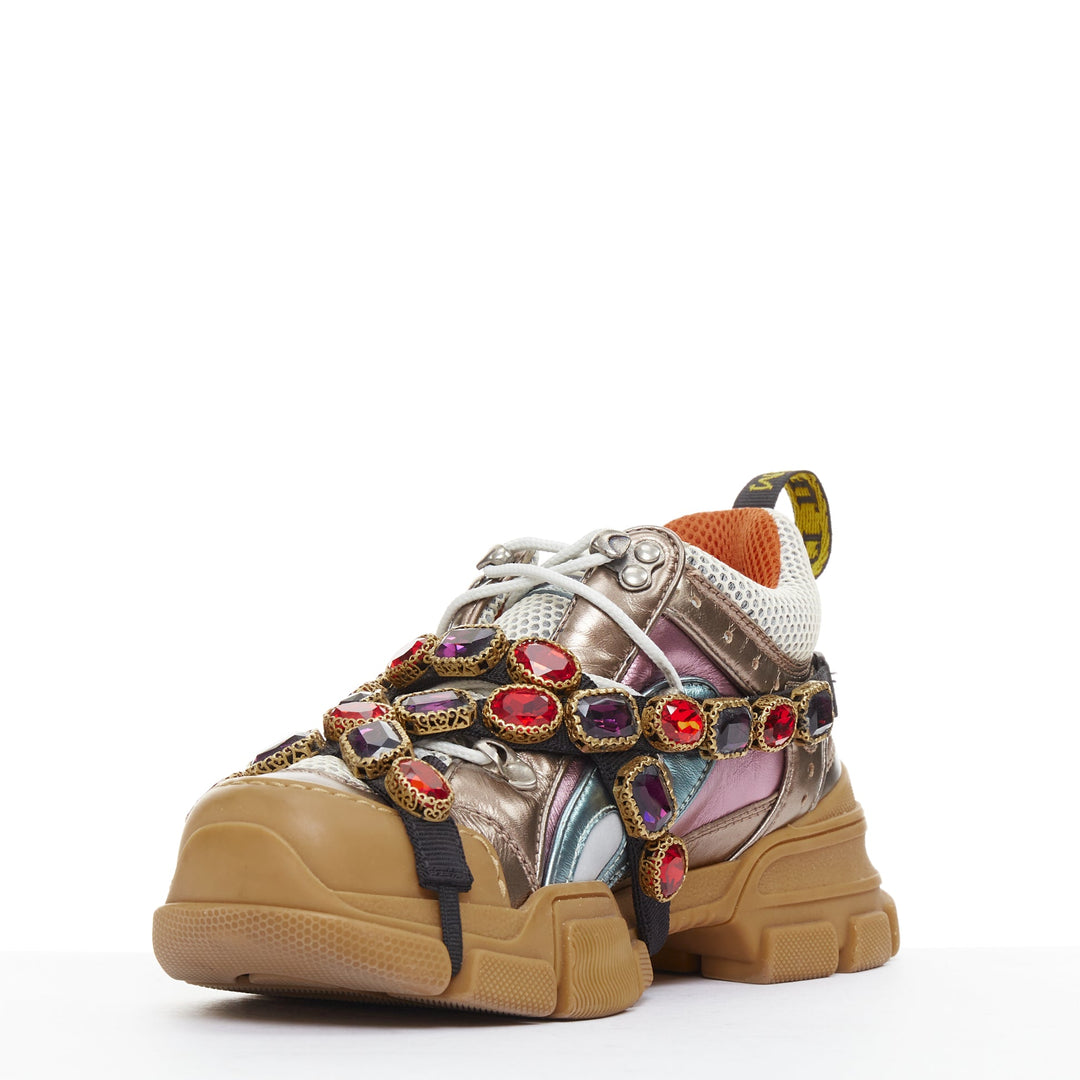 GUCCI Flashtrek pink blue metallic leather crystal harness dad sneakers EU37