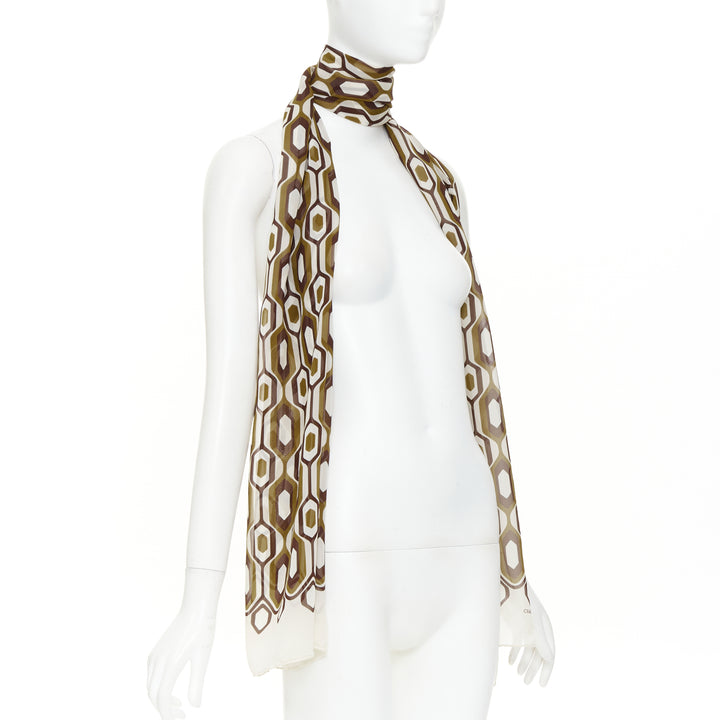 CELINE 2019 Hedi Slimane 100% silk olive brown retro 70s honeycomb scarf