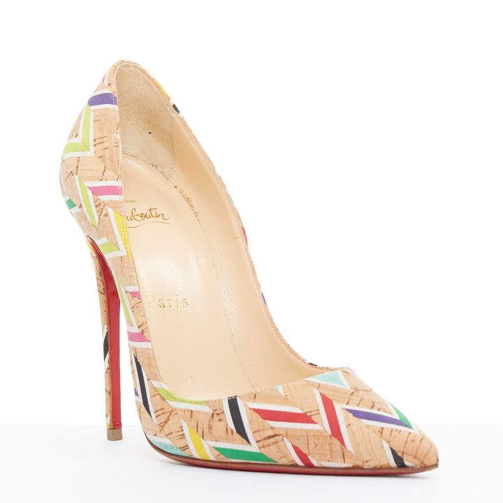 CHRISTIAN LOUBOUTIN So Kate Cork Chevron beige colourful calfskin pumps EU36.5