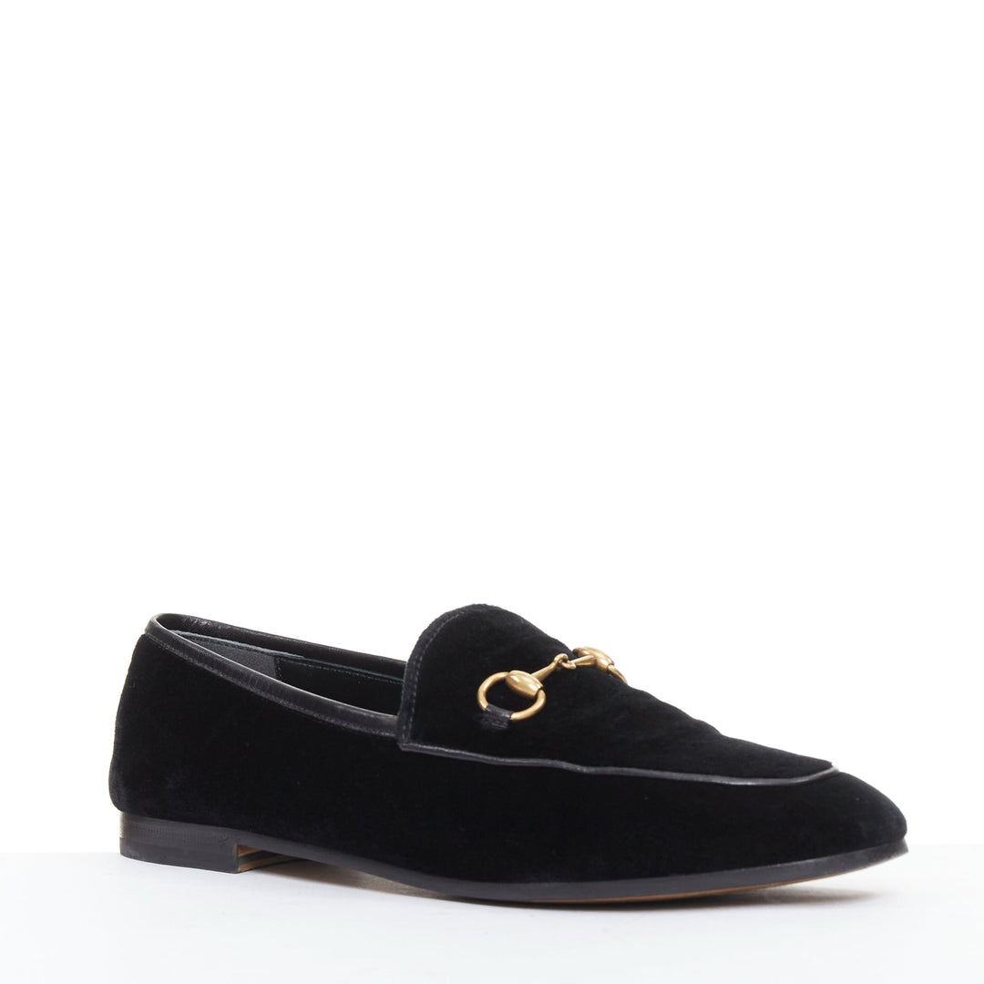 GUCCI Jordaan black velvet gold horsebit buckles leather trim loafer EU37.5