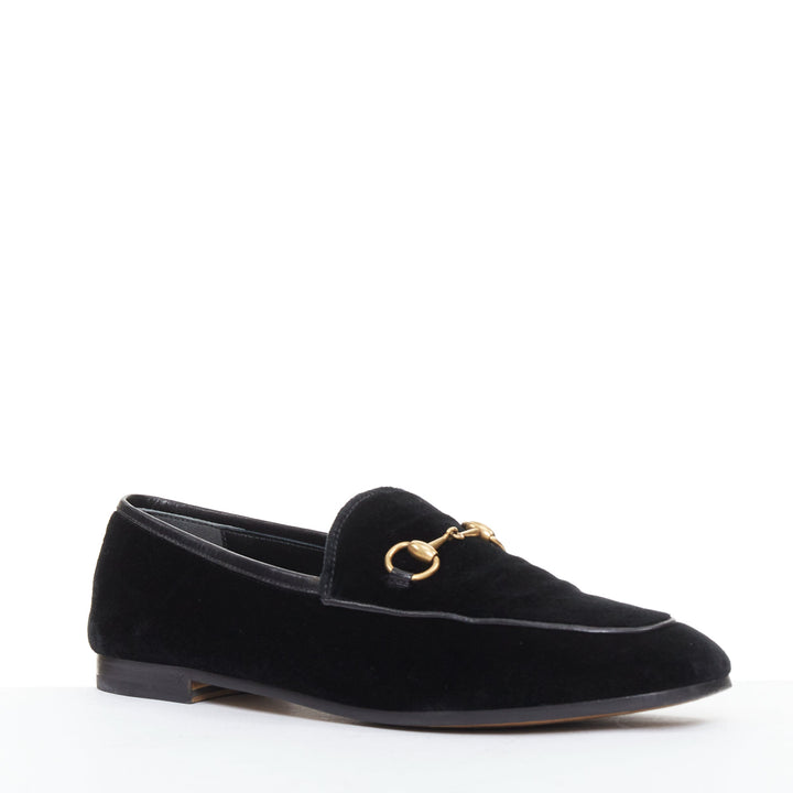 GUCCI Jordaan black velvet gold horsebit buckles leather trim loafer EU37.5