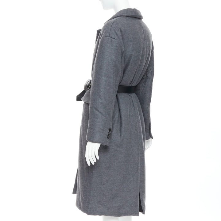 PRADA 2022 grey cashmere wool leather logo belt padded coat IT40 S