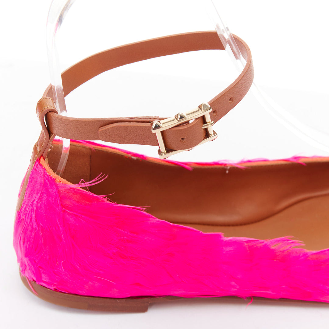 VALENTINO hot fuchsia pink turkey feather leather ankle strap flats EU37