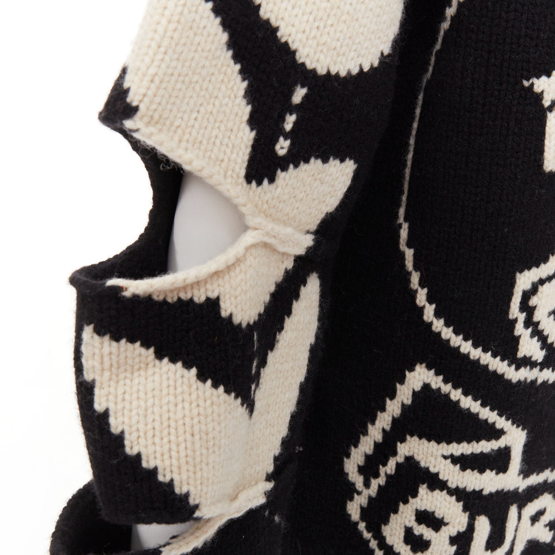 BURBERRY Nyla black cream merino wool cashmere logo intarsia cut out cardigan S