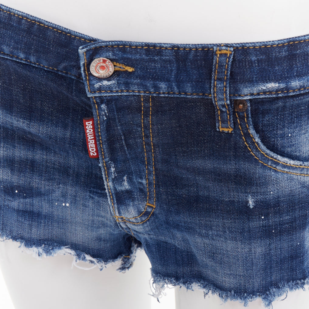 DSQUARED2 dark washed blue distressed painted denim cut off shorts IT38 XS