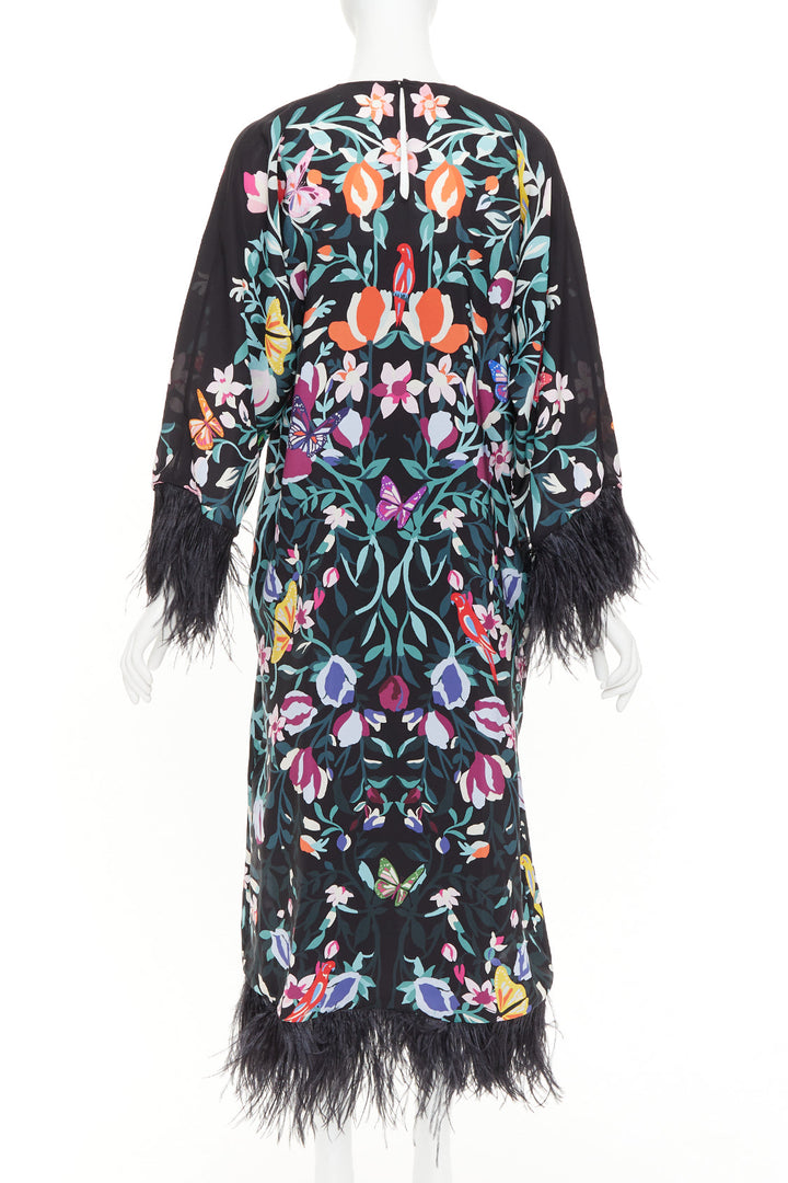 VALENTINO 2021 Runway black floral butterflies feather cuff maxi dress IT40 S