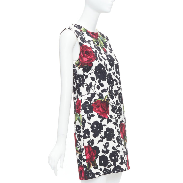 DOLCE GABBANA white red rose floral jacquard crew shift dress IT42 M