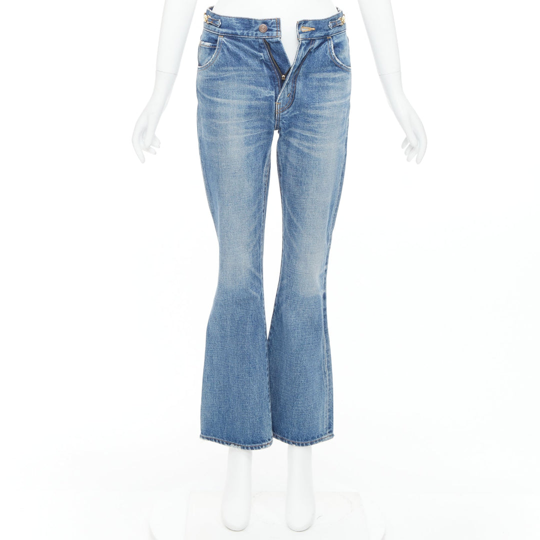 CELINE W_FL_018 Dylan blue washed gold triomphe buckle bootcut jeans 26"
