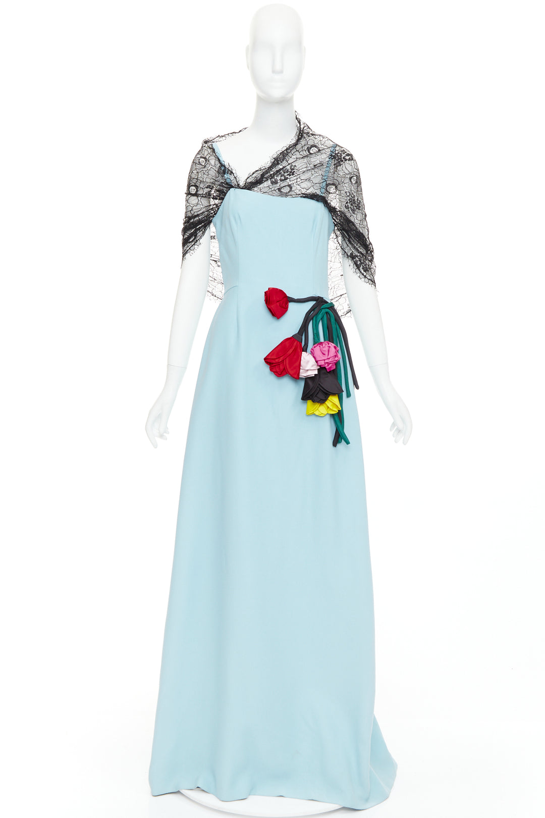 PRADA 2019  light blue black draped lace floral bouquet applique gown IT42 M