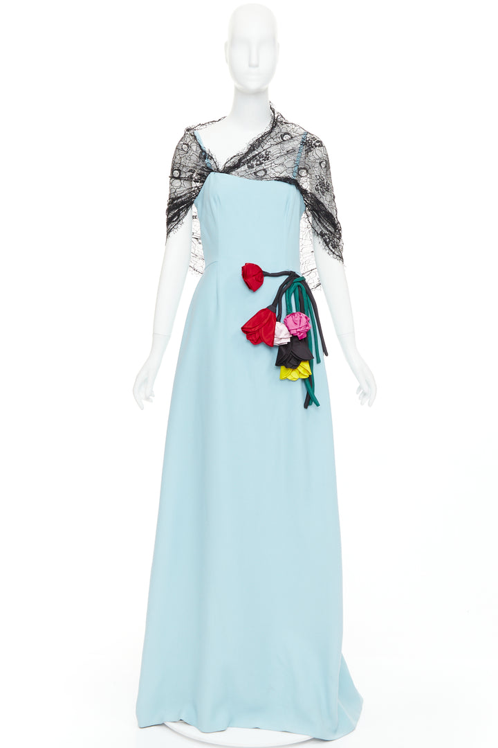 PRADA 2019  light blue black draped lace floral bouquet applique gown IT42 M