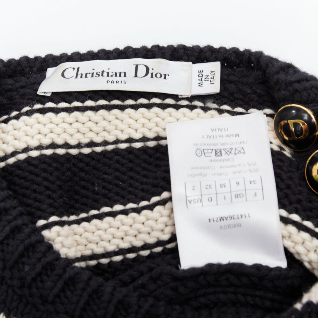 CHRISTIAN DIOR black cream cotton cashmere striped CD cropped vest FR34 XS