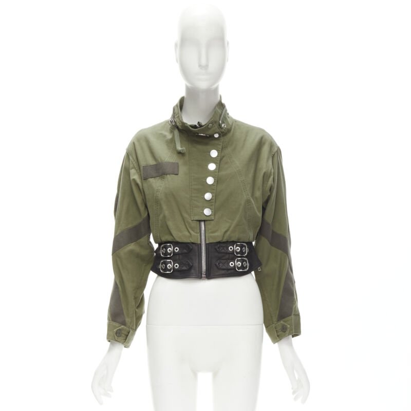 ALEXANDER WANG washed military green cotton leather biker hem cropped jacket S