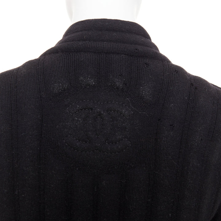 CHANEL 100% wool black metallic coated CC logo tubular pad biker jacket FR34 XS