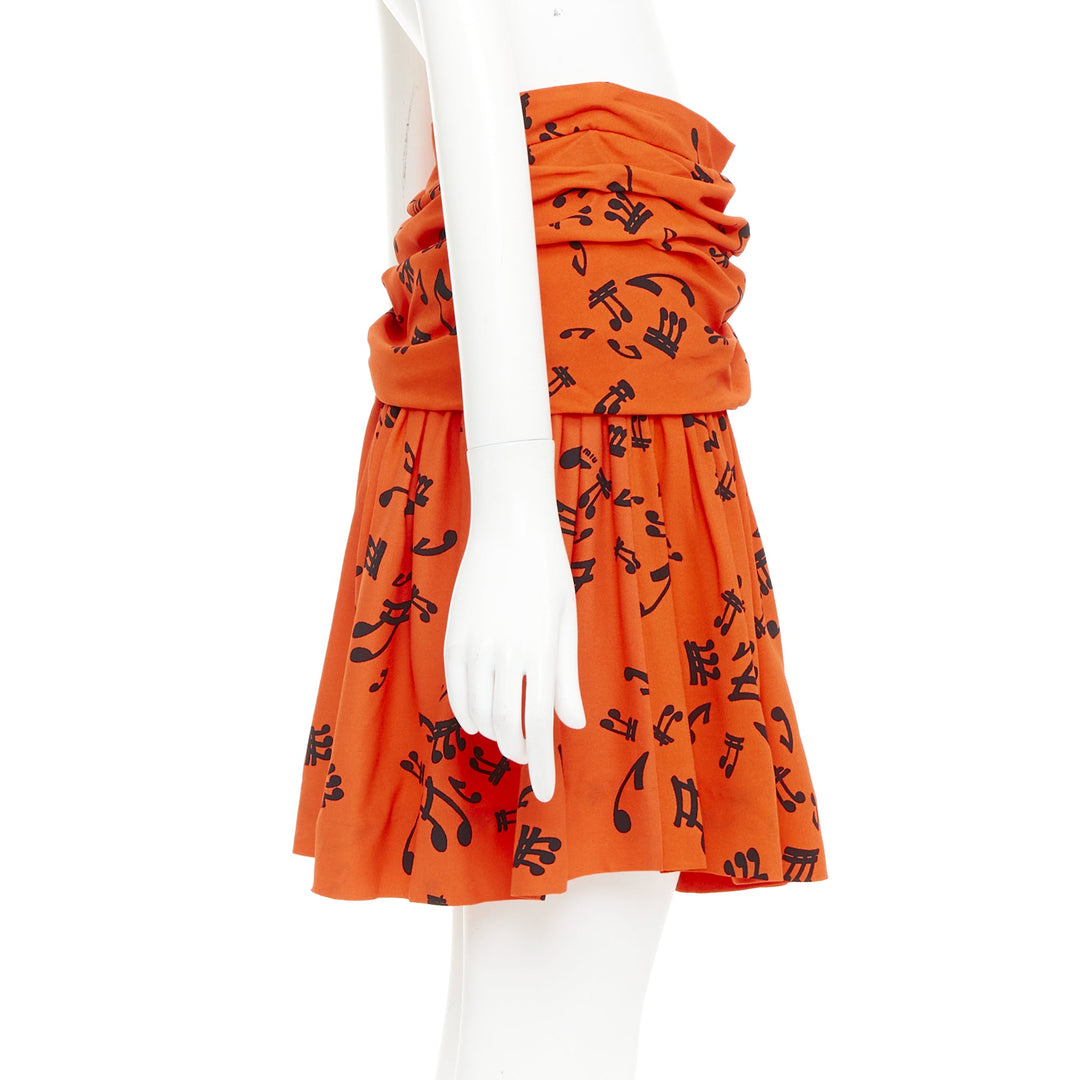 MIU MIU 2014 orange black viscose musical notes melody gathered skirt IT40 M