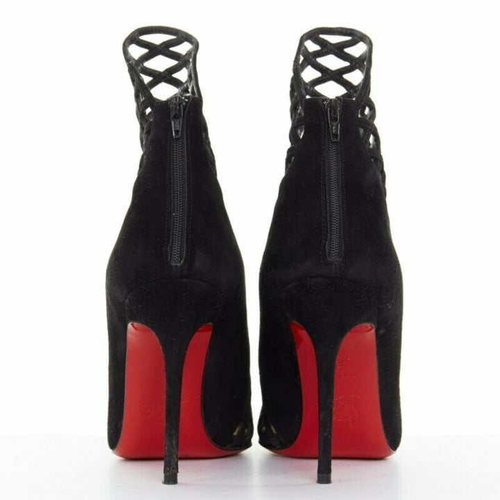 CHRISTIAN LOUBOUTIN Mrs Bouglione black suede mesh cut out pointy bootie EU35