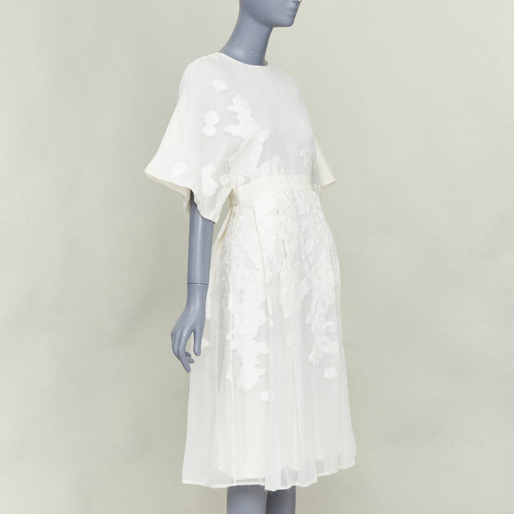 GIAMBATTISTA VALLI ivory cotton silk  floral cloque pleated midi dress IT40 XS