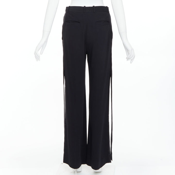 GIVENCHY black silk ribbon fringe trim wide leg trousers