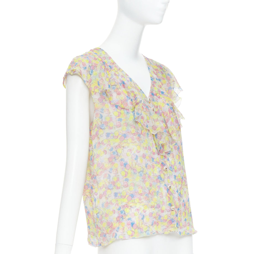 CHANEL 2011 100% silk Vintage circle pastel CC logo ruffle blouse FR42 XL
