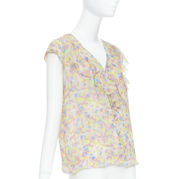 CHANEL 2011 100% silk Vintage circle pastel CC logo ruffle blouse FR42 XL
