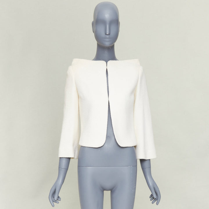 VERONIQUE LEROY 2015 cream textured wool boucle cropped blazer jacket FR36 S