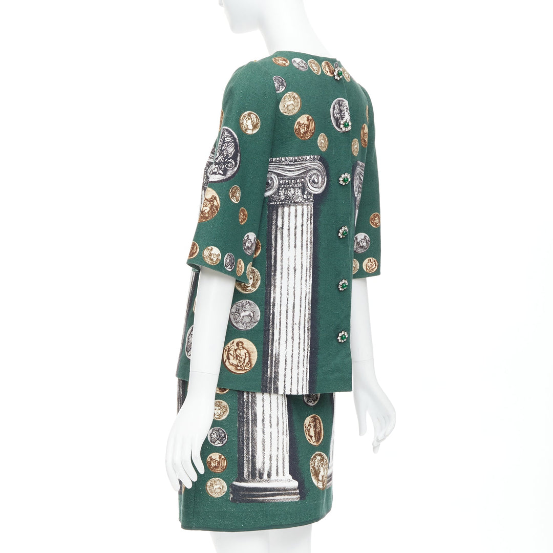 DOLCE GABBANA 2014 Runway green roman coin column bejeweled skirt set IT38 XS