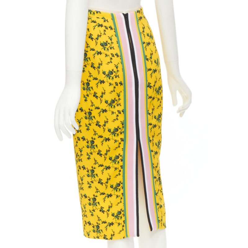 NO 21 yellow green leaf print contrast pink band pencil skirt IT38 XS