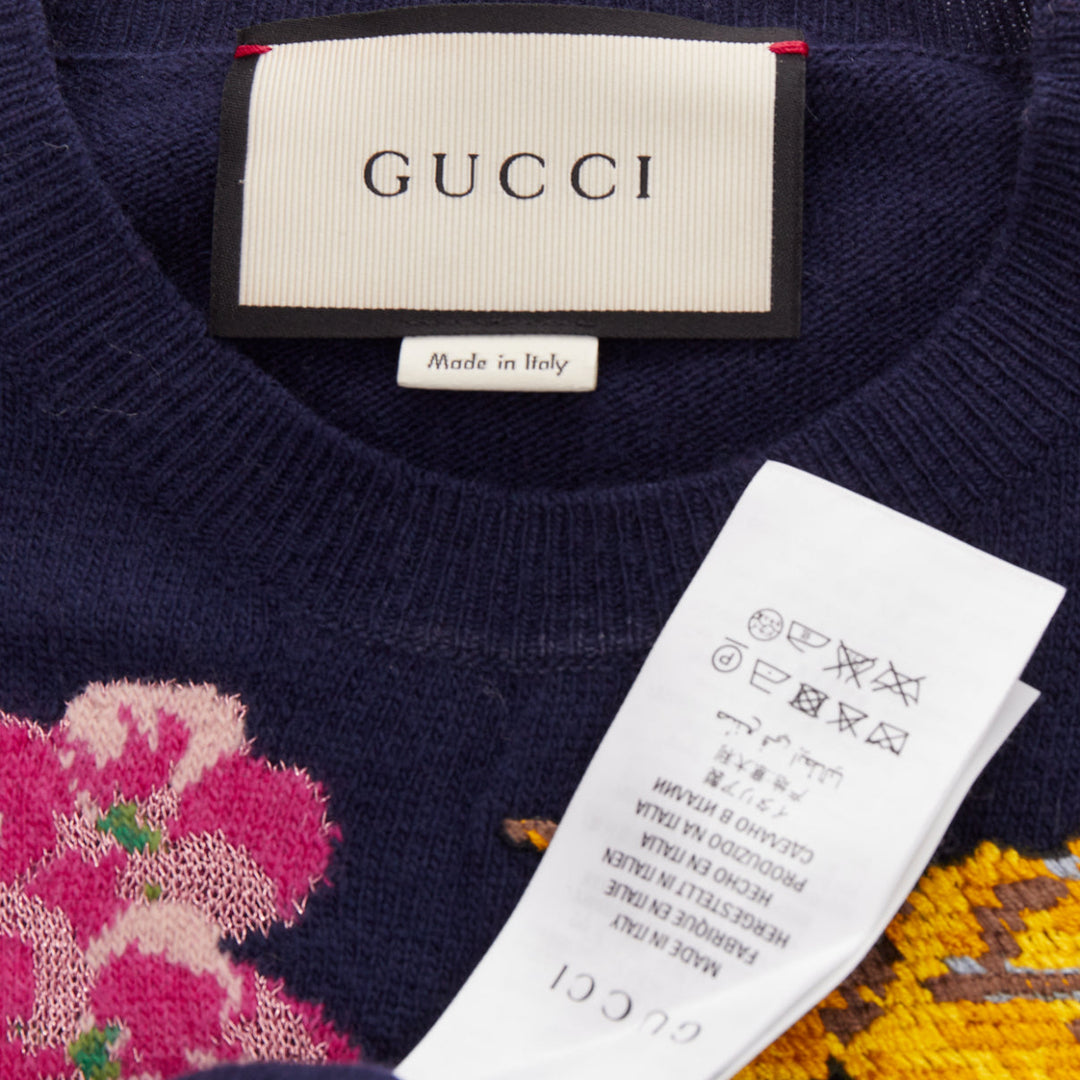 GUCCI 2017navy wool Floral  Bee needlepoint embroidery sweater XS
